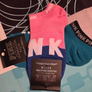 PINK Victoria's Secret Bold Ankle Socks - Pink/Blue & Teal. OS, Womens, 2 Pair